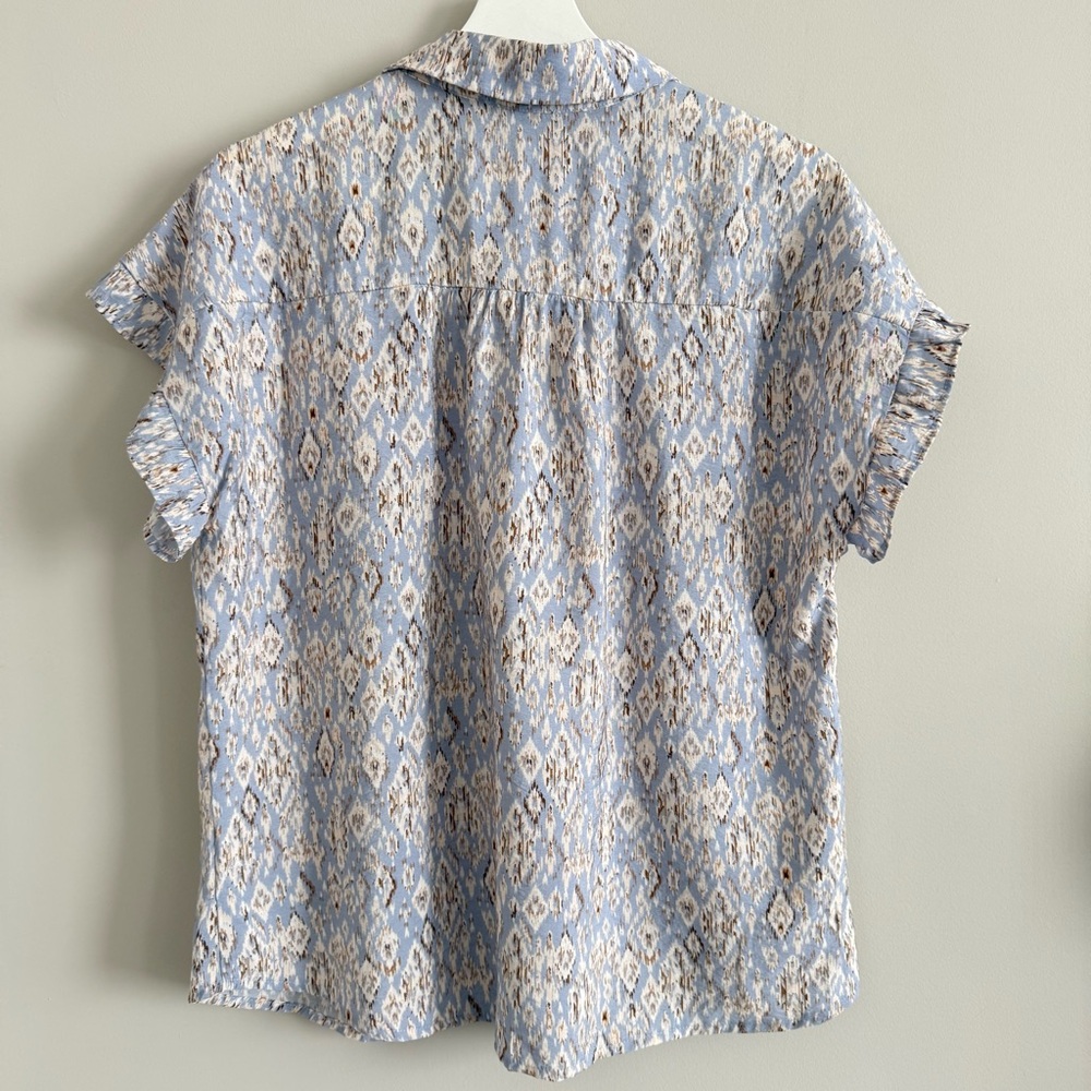 Pleione Crinkle Ruffle Sleeve Camp Shirt Ikat Print Medium - Picture 5 of 8